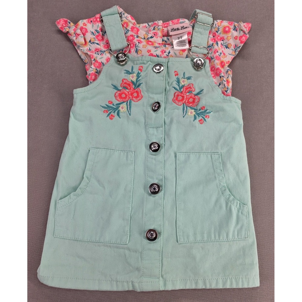 Little Lass Girls Overall Dress & Top‎ 2T Green Embroidered Floral Pockets